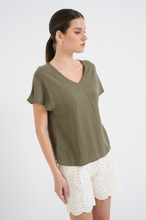 Only, Bluza cu decolteu in V si maneci scurte, Verde masliniu