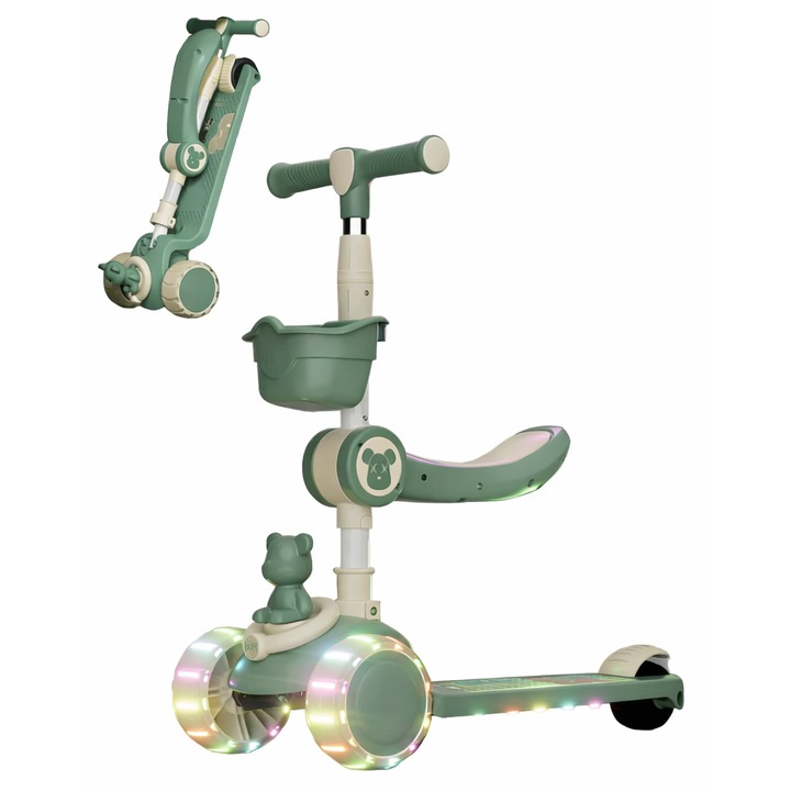 Trotinetă pentru copii, pliabilă, înălțime reglabilă, cu scaun inclus, 3 roți, multicolor