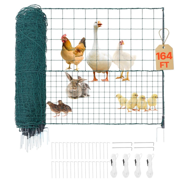 Gard provizoriu din plasa de plastic pentru gradina, Cu stalpi, Inaltime 1, 05 m, Lungime 50 m, Tarusi cu dublu varf, Corzi de ancorare, Pentru caini, gaini si plante