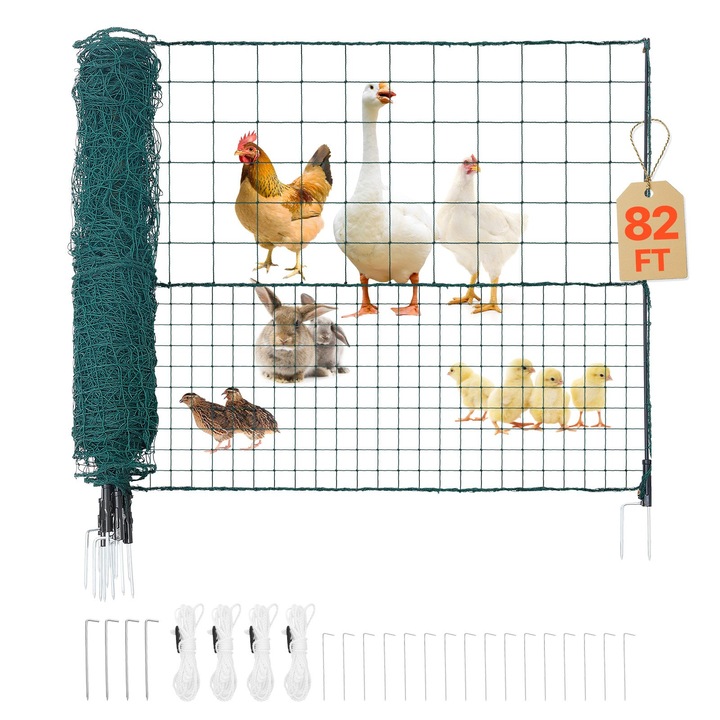 Gard temporar pentru gradina si curte, Kit plasa de gard din plastic cu stalpi, Dimensiune 1, 25 x 25 m, Tarusi cu doua varfuri, Corzi de ancorare incluse, Caini, gaini si plante