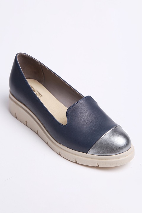 VAGAM, Pantofi slip-on de piele cu aplicatie cap-toe, Argintiu/Bleumarin