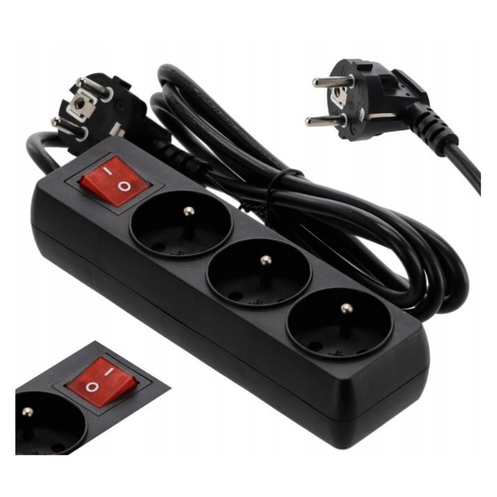 Разклонител с ключ - 3 контакта 1,5 метра - черен