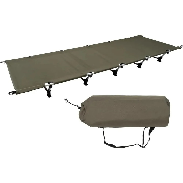 Pat de camping pliabil, verde, aluminiu 7075/6061, 600D Oxford, 190x70x17cm, sarcina 150kg