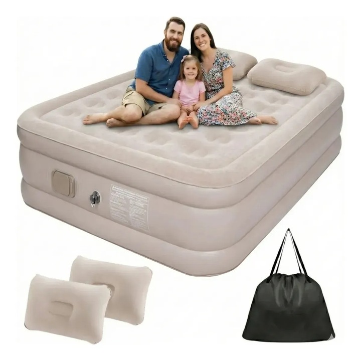 Saltea gonflabilă dublă cu pompa electrică integrată, D&K WONDER, 200x152x40 cm, gri, pliabilă, cu geantă de transport