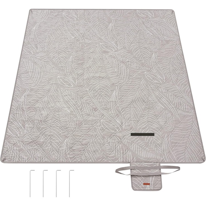 Patură picnic pliabilă 300x200 cm, SONGMICS, impermeabilă, kaki cu model tropical, cu ancore de fixare