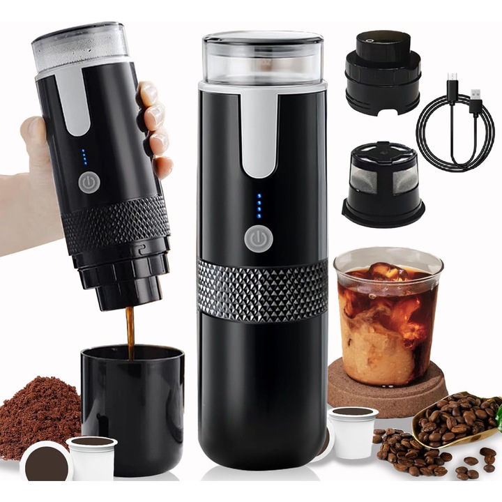 Espressor de cafea portabil, Excitat, 15 bar, 170 ml, negru, set pentru camping