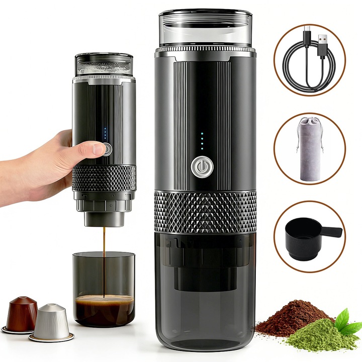 Espressor portabil 2-in-1, Yulinland, 60ml, 1200mAh, Negru, set complet
