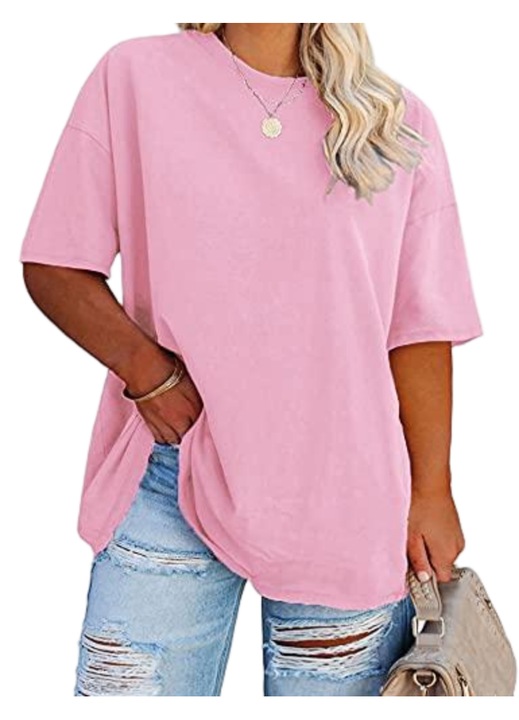 Tricou de dama Imily Bela, oversized, maneca jumatate, guler rotund（10251）, Roz