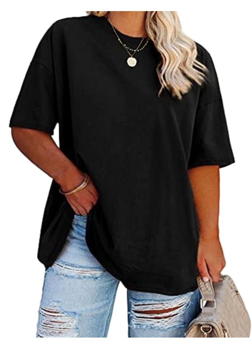 Tricou de dama Imily Bela, oversized, maneca jumatate, guler rotund（10251）, Negru