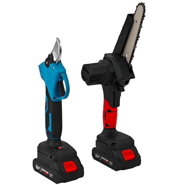 Set HOZRO Foarfeca si Mini Drujba cu 2 acumulatori 24V, incarcator si accesorii incluse, pentru vita de vie si crengute, livade, garduri vii