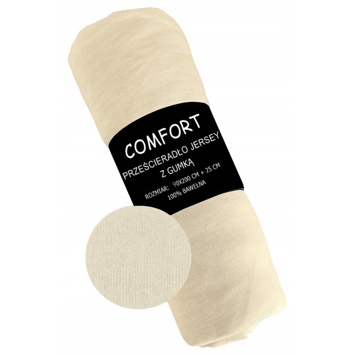 Cearsaf de pat, KONEY, 90 x 200 cm, Cu elastic, Crem, Hipoalergenic, Fara imprimeu, Material placut la atingere, Rezistent, Se adapteaza perfect saltelei, Jersey
