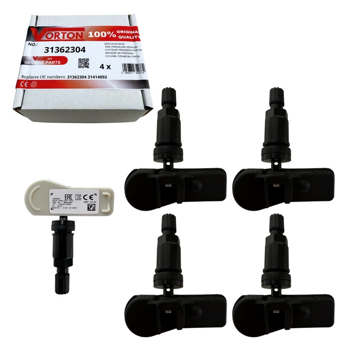 Set 4 senzori de presiune TPMS VORTON, 433 MHz, supapă neagră, compatibil cu VOLVO S60, V60, S90, XC90