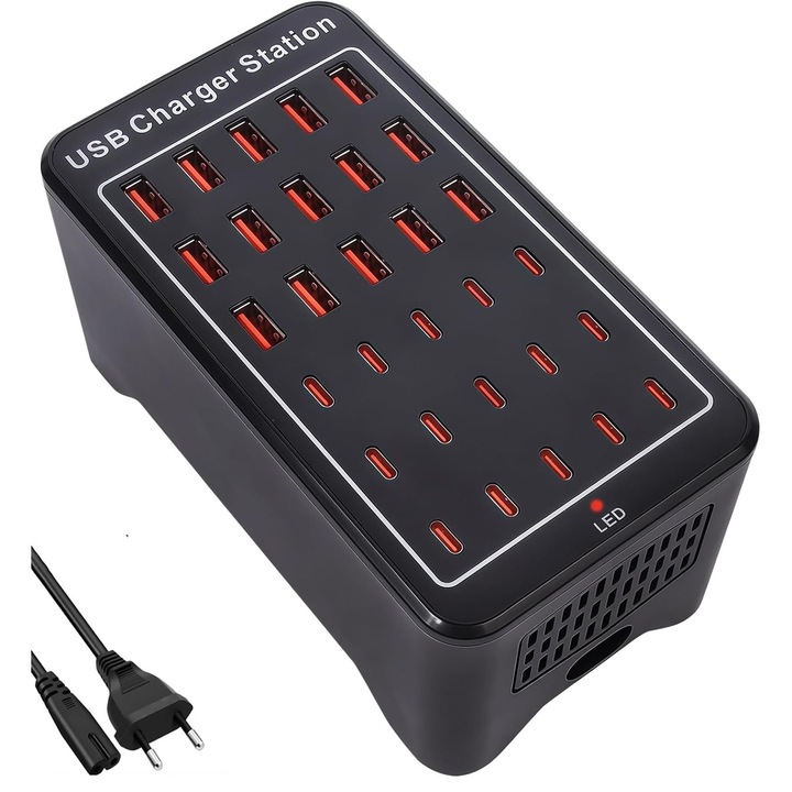 Statie de incarcare USB, QUANDES, 30 porturi, 150 W, USB-A si USB-C, 160x87x75mm