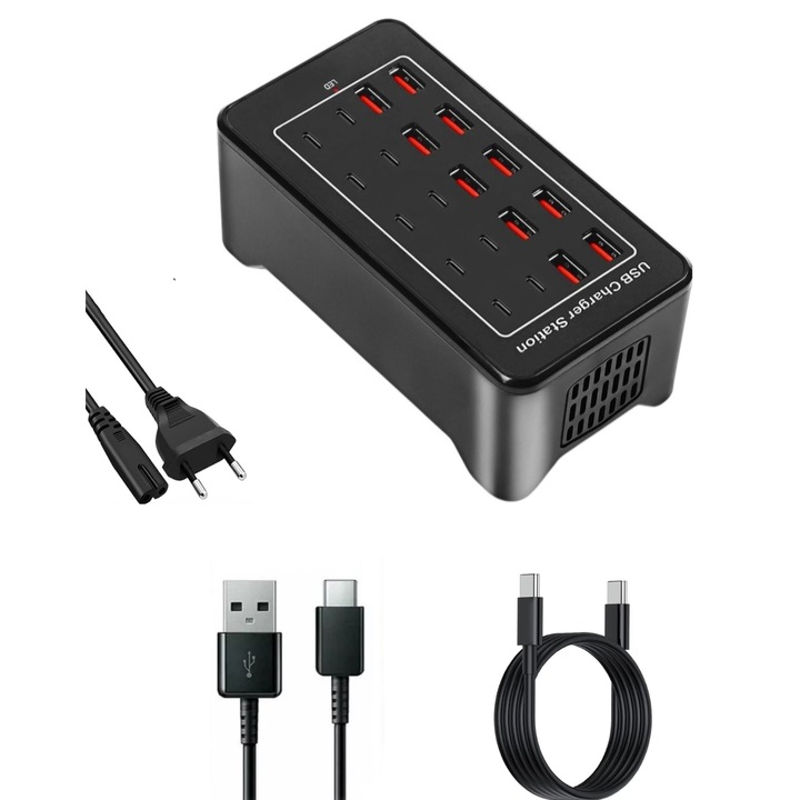 Statie de incarcare USB, QUANDES, 100W, 20 porturi, 10 USB-A si 10 USB-C, cu ventilatie