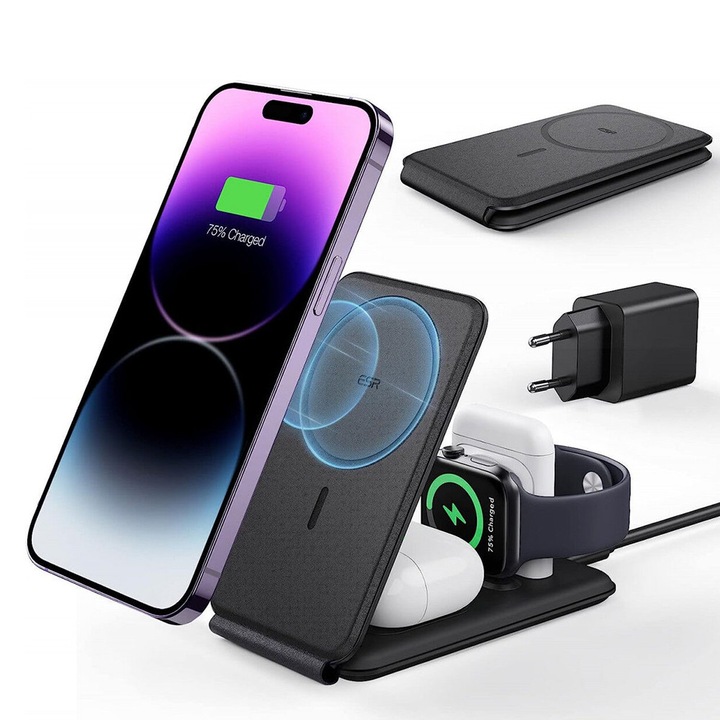 Statie incarcare 3in1 ESR, negru, wireless, pentru iPhone, Apple Watch, AirPods