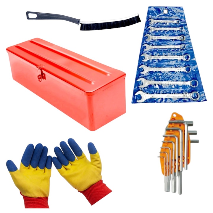 Set cutie metalica pentru scule 42 cm cu 8 chei combinate M6-M19, 10 chei hexagonale 1.5-10 mm, perie ingusta 23 cm, manusi de protectie