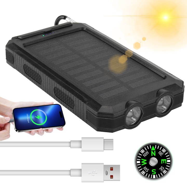 Външна батерия Solar 30000mAh, 2 USB порта, водоустойчива и прахоустойчива, черна, преносима