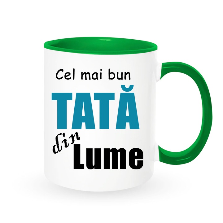 Cana pentru tata cu mesaj: Cel mai bun tata din lume, Betaprint, alba cu interior verde, 330ml, ceramica