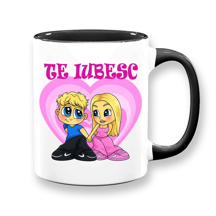 Cana pentru indragostiti cu mesaj: Te iubesc, Cartoon, Model roz, negru, 330ml, ceramica