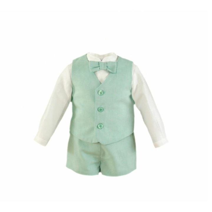 Set cămașă, vestă și pantaloni scurți, Miranda, verde cu alb, bumbac, 12 luni, 74-80 cm