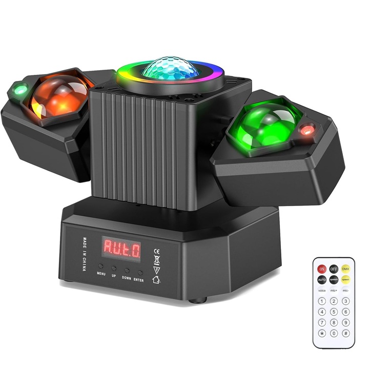 Lumina LED cu cap mobil cu brate, asskanaer, RGBW négy az egyben 200 W-os sugár, Zoom effektusú színpadi fény, DMX vezérlés, hangvezérlés, Automatikus mód, Esküvőkre, partikra, Alumínium/ABS, 240*128*153mm, Fekete