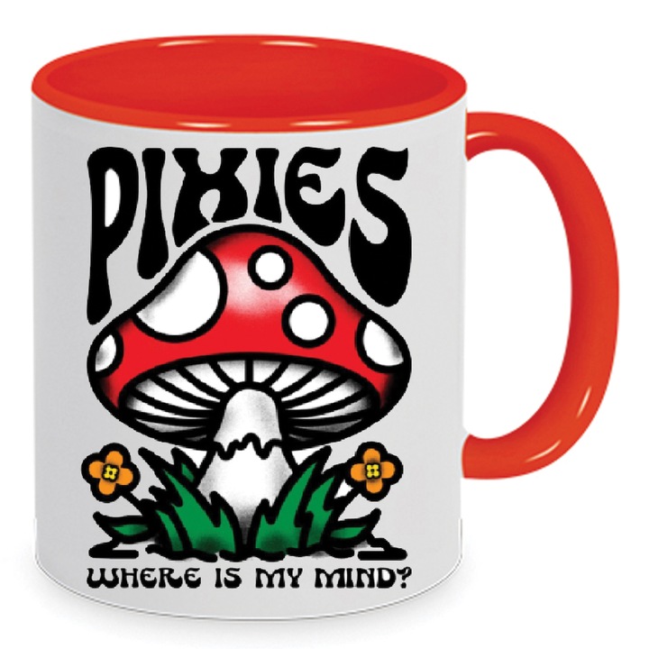 Cana ceramica 330ml, design alb si rosu, "Where Is My Mind", pentru fani muzica alternativa, lavabila la masina