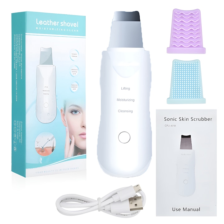 Ultrahangos arctisztító készülék, 3 az 1-ben kozmetikai eszköz, Skin Scrubber spatula, hámlasztás, mitesszerek és faggyú eltávolítása, lifting hatás, hordozható, fehér színű
