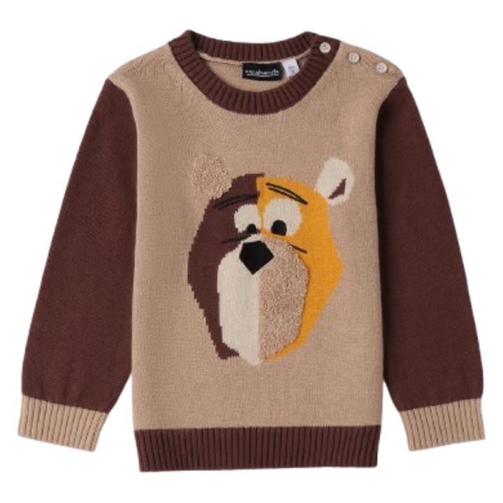 Sarabanda fiú pulóver, kötött, maci mintás, barna, bézs