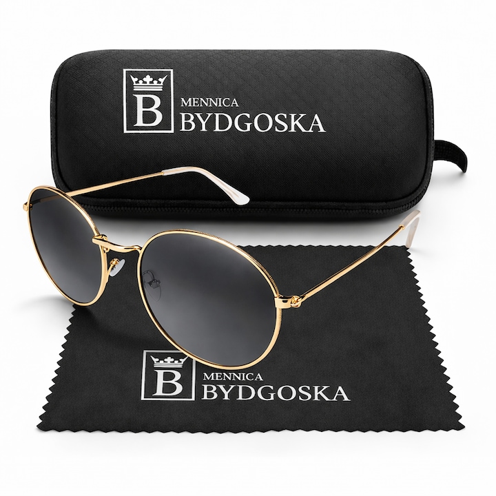 Ochelari de soare unisex Mennica Bydgoska, rotunzi, aurii, lentile negre, set cu etui și laveta