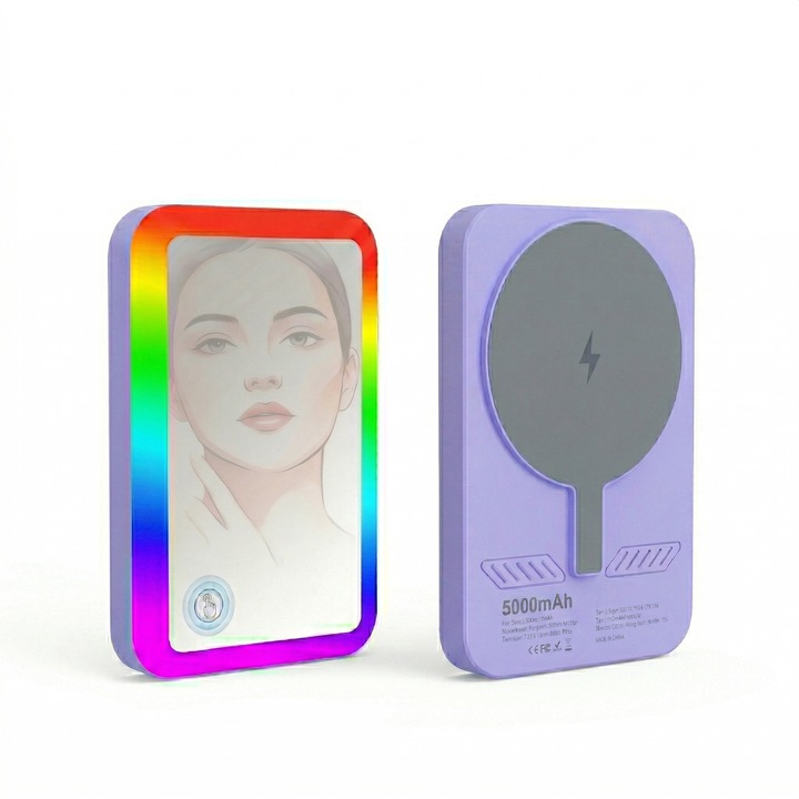 Baterie externa magnetica Wyred by Monga Glow, compatibila MagSafe, 5000 mAh, Incarcare Wireless 15W, Inel luminos LED RGB, Oglinda integrata, Mov