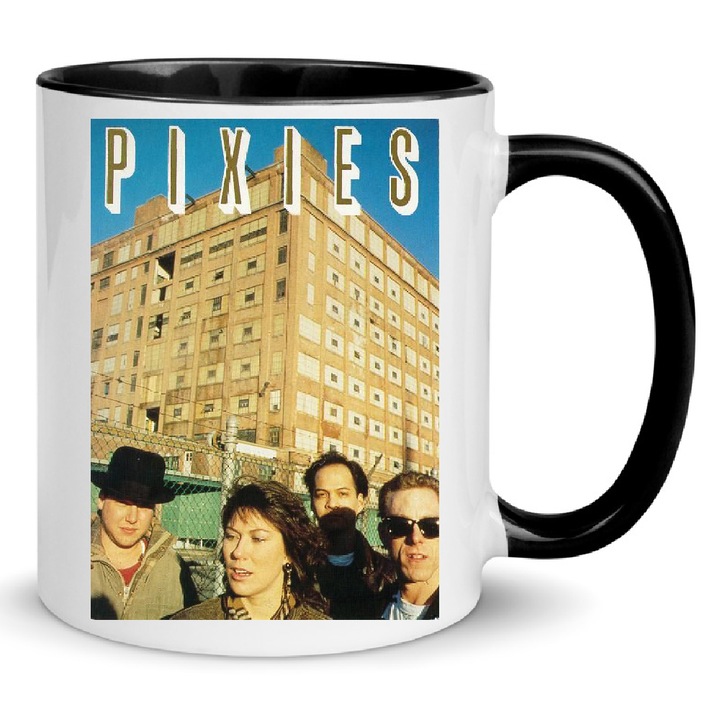 Cana ceramica 330ml, alb-negru, design inspirat de muzica alternativa, ergonomic, lavabila la masina de spalat, set unic