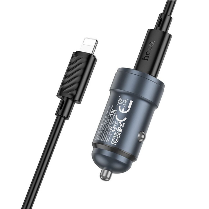 Încărcător auto Hoco Z57, USB C, PD 30W, cablu USB C la Lightning, gri metalizat