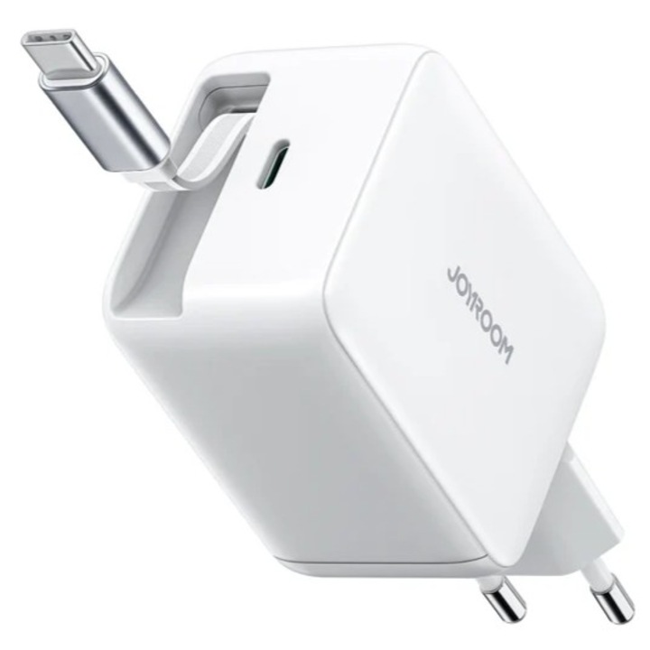 Incarcator retea Joyroom JR-TCL06, 67W, GaN, 2xUSB-C, Alb, cu cablu integrat 70cm