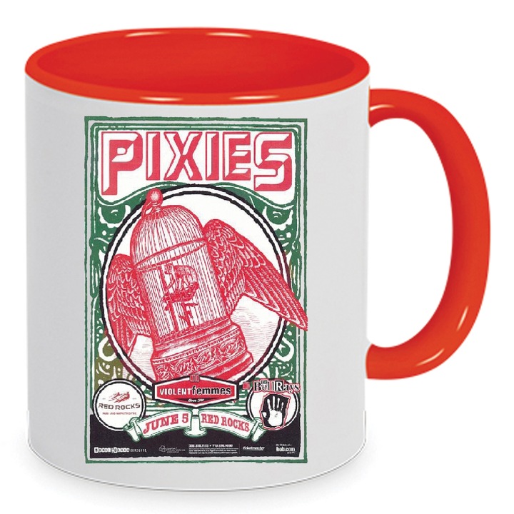 Cana ceramica 330ml alba si rosie, design inspirat de muzica alternativa, ergonomic, lavabila la masina