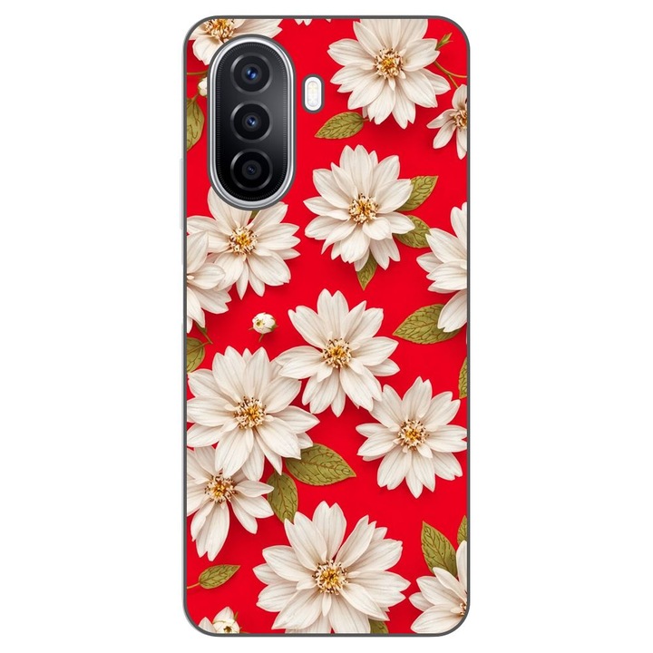Husa compatibila cu Huawei Nova Y70 Silicon Gel Tpu Model White Flowers on Red Background