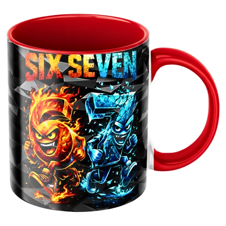 Cana personalizata - Six Seven 67 Duelul Elementelor Foc vs Gheata, design exploziv, modern si contraste, ceramica, 330ml, rosie
