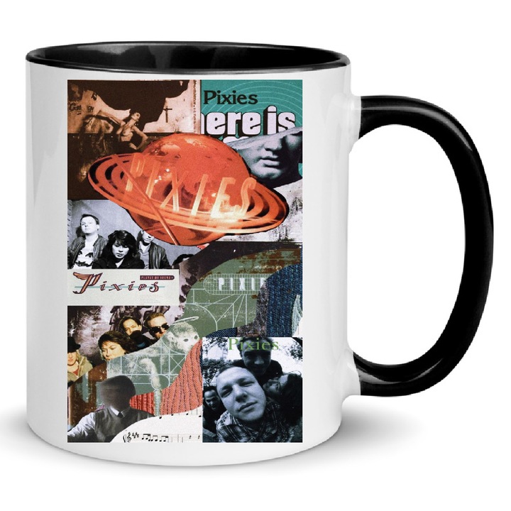 Cana ceramica 330ml, alb-negru, design inspirat de muzica alternativa, ergonomic, lavabila la masina de spalat, set cadou pentru iubitorii de muzica