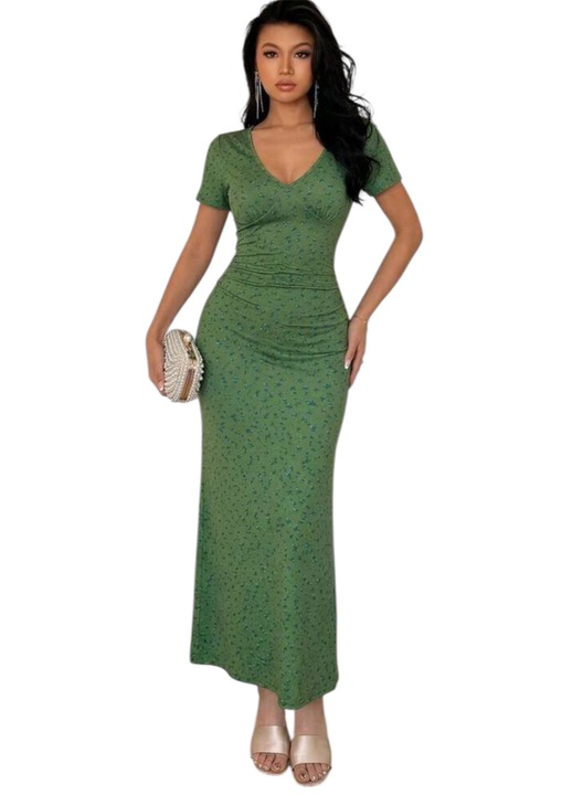 Rochie de vara verde cu floricele, cu decolteu in V, marimea L