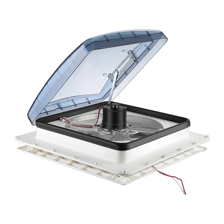 Ventilator de plafon rosu pentru rulota, 12V, 3 viteze, 40x40cm, flux bidirectional