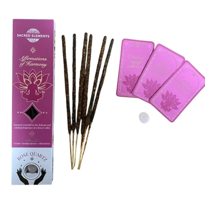 RITUAL KIT illatos füstölőpálcikák rózsakvarc kővel és üzenetkártyákkal