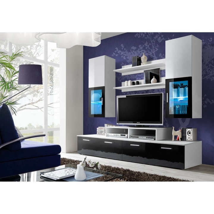 Set mobilier living Bortis, alb lucios/negru lucios, 200x190x45cm, MDF, cu vitrina, iluminare LED