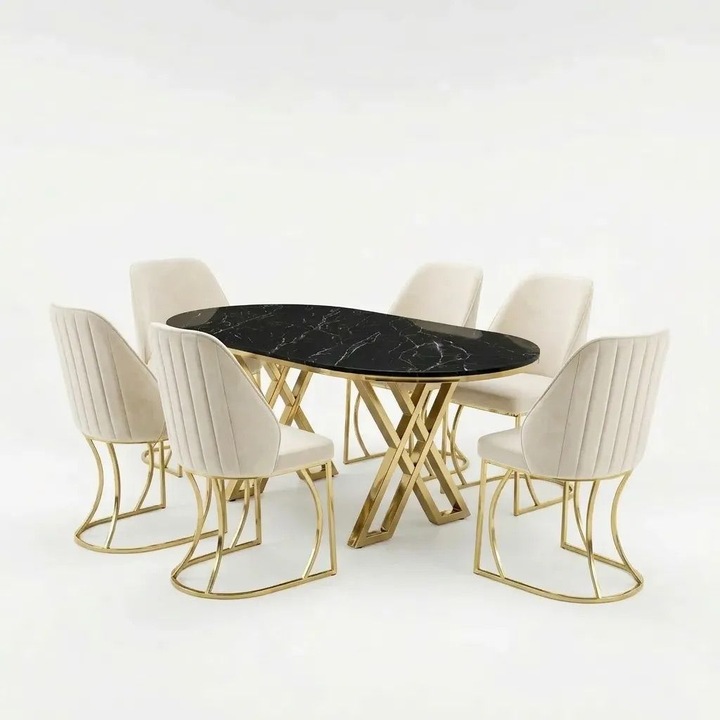 Set masa si scaune Milano, negru marmorat cu detalii aurii, 90x180cm, 6 scaune crem