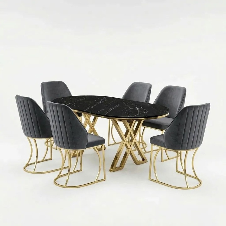 Set masa Milano Negru Marmura cu 6 scaune Antracit Gri, 90x180cm