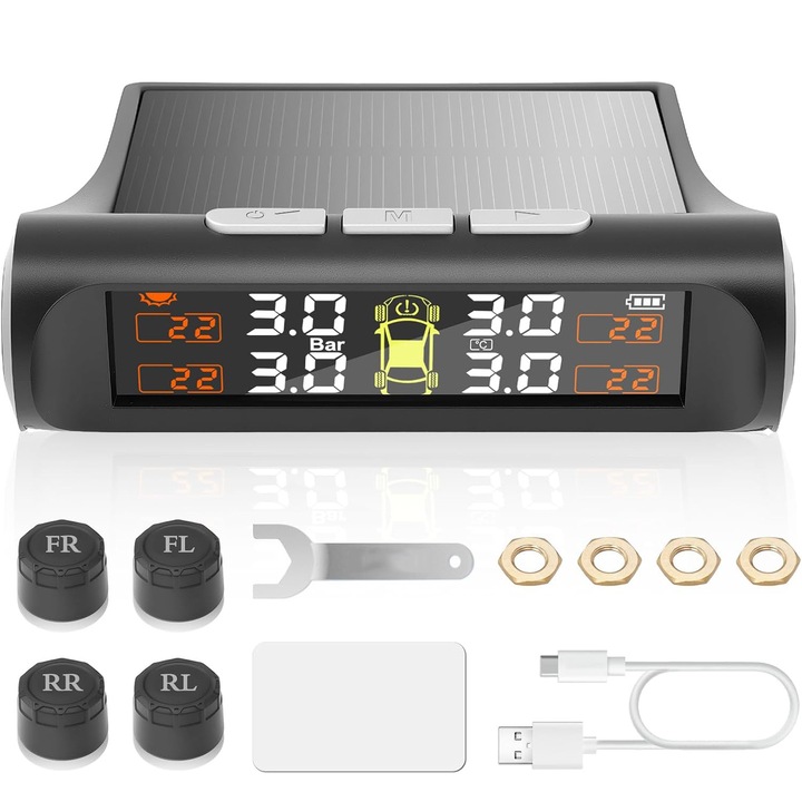 Gumiabroncsnyomás-ellenőrző rendszer, YOUKUKE, 5 riasztási mód, szolár és USB-C, fekete, 4 külső érzékelő