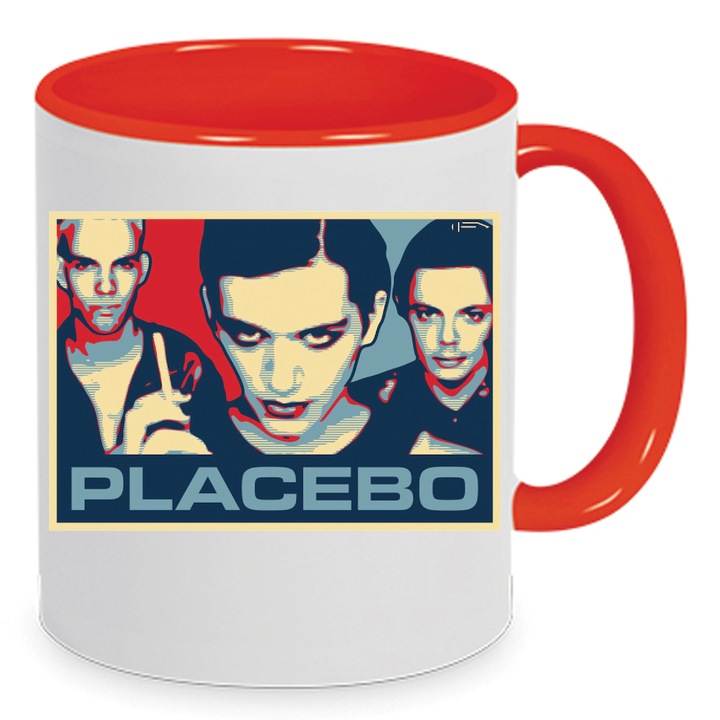 Cana ceramica 330ml, alb-rosie, design inspirat de rock alternativ, ergonomic, lavabila la masina de spalat, set unicat