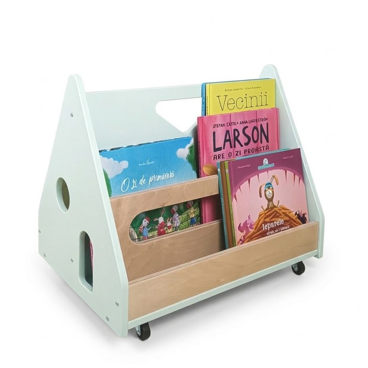 Biblioteca cu roti pentru copii, Booky Pearl, model casuta, verde, lemn, 4 compartimente, 47x33x39cm
