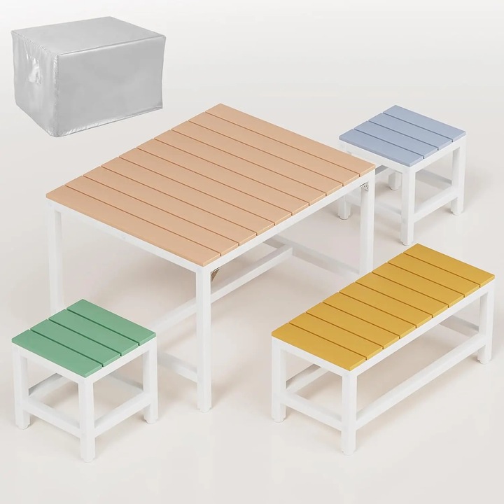 Masa si scaune pentru copii, Set 3 piese, Lemn, Pentru exterior gradina/picnic, Husa impermeabila, 75×60×49 cm, Necesita asamblare, Gri inchis