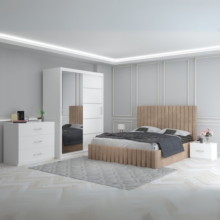 Dormitor set Crem, CELA, pat tapitat 180x200, dulap 150x208, comoda 3 sertare