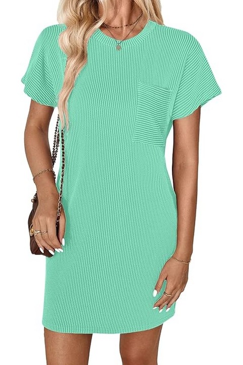 Rochie mini cu maneca scurta si guler rotund pentru femei, lejera, GLEENOD, Verde