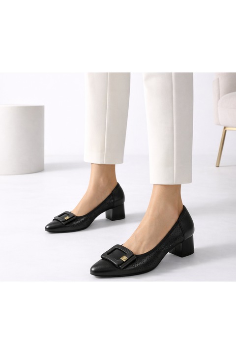 Pantofi casual, dama, ADA SHOES, 3297-23 negru, piele naturala, cu toc, Negru